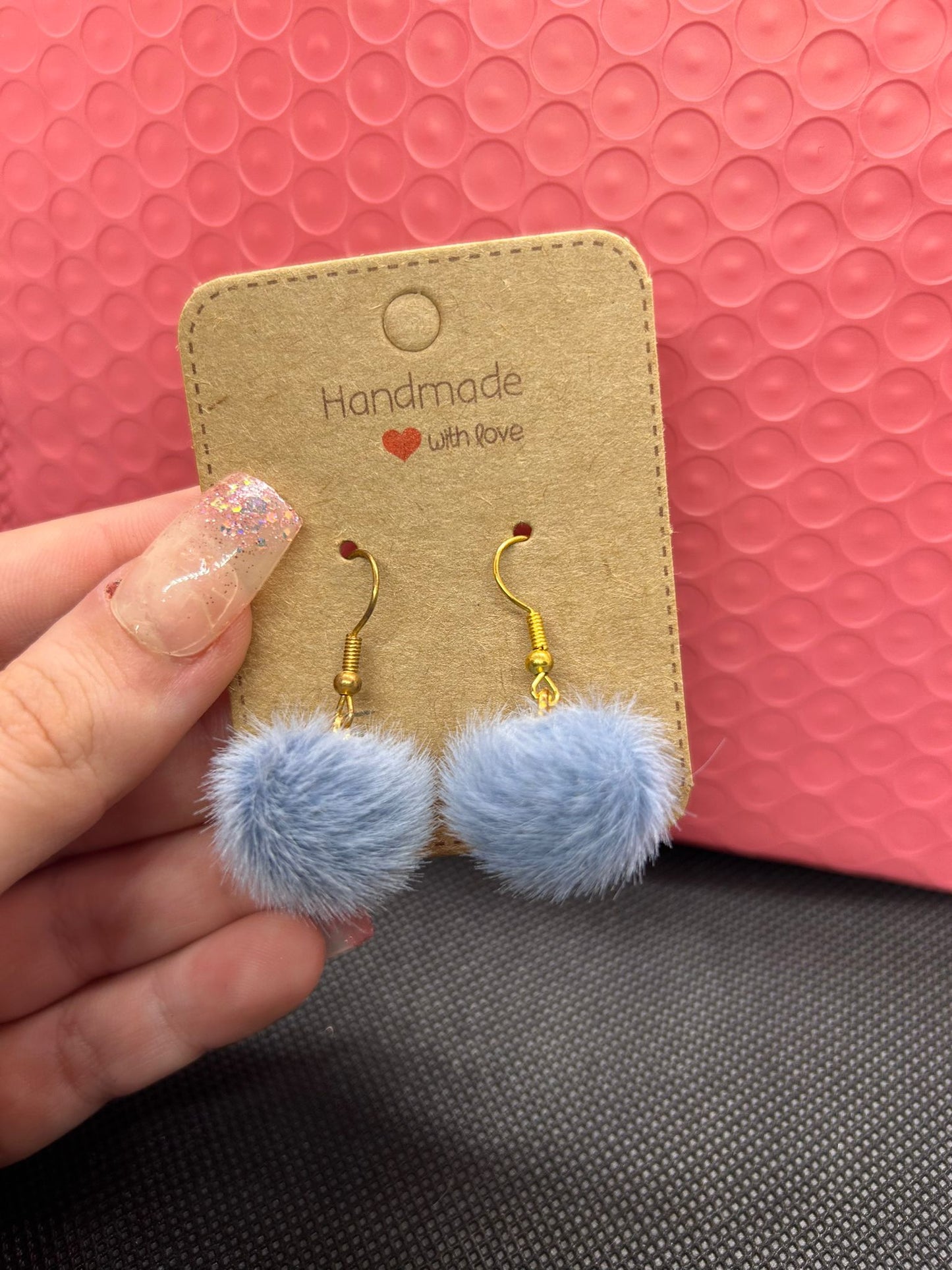 Blue Pom Pom Earrings 🤍