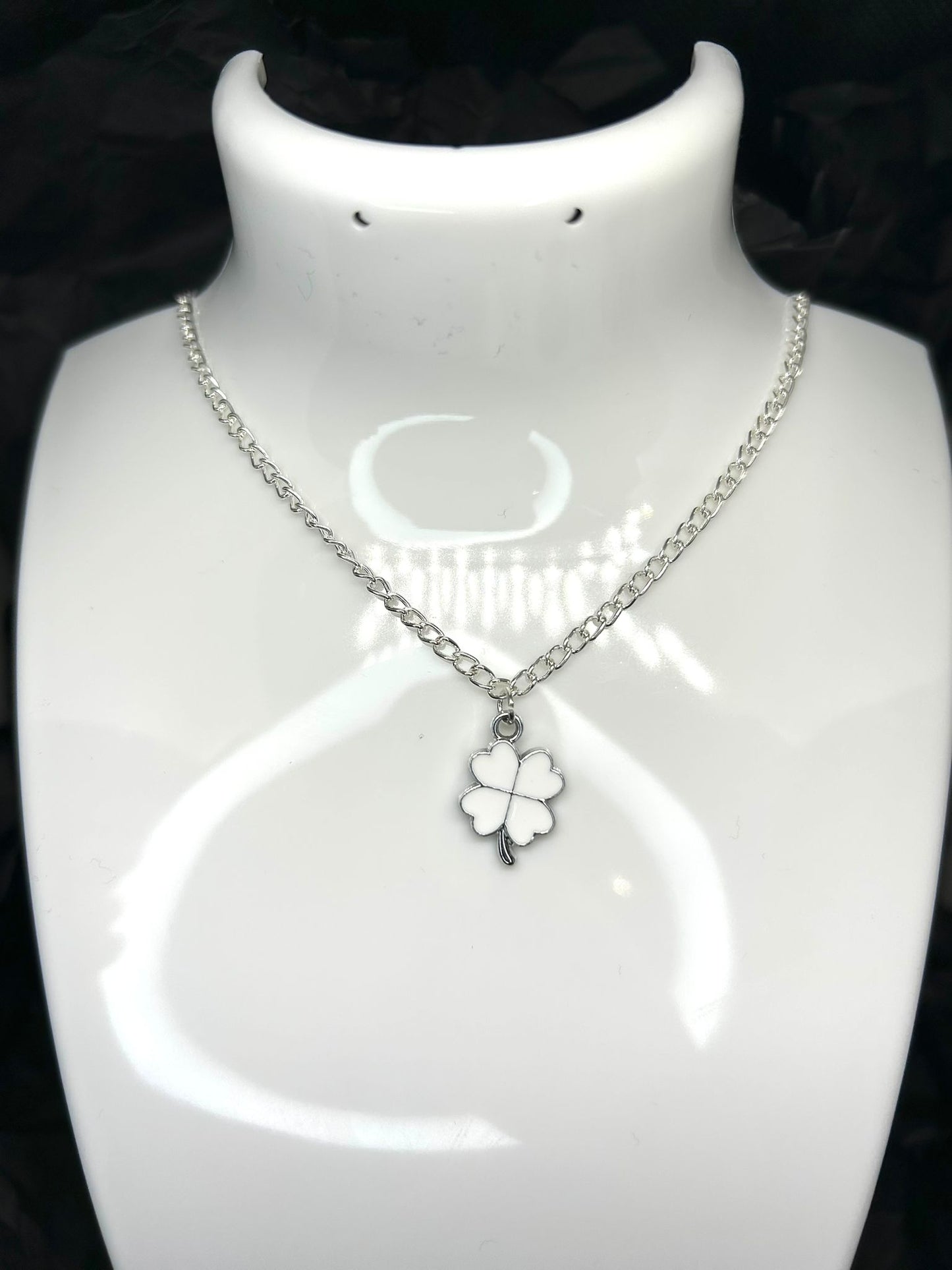 White Four Leaf Clover Necklace on a Silver Plated Chain 🤍