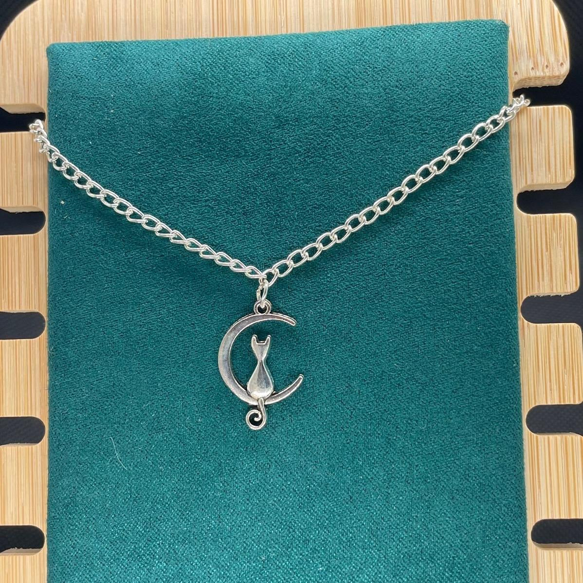 Silver Cat on a Moon Necklace on a silver plated chain 🤍